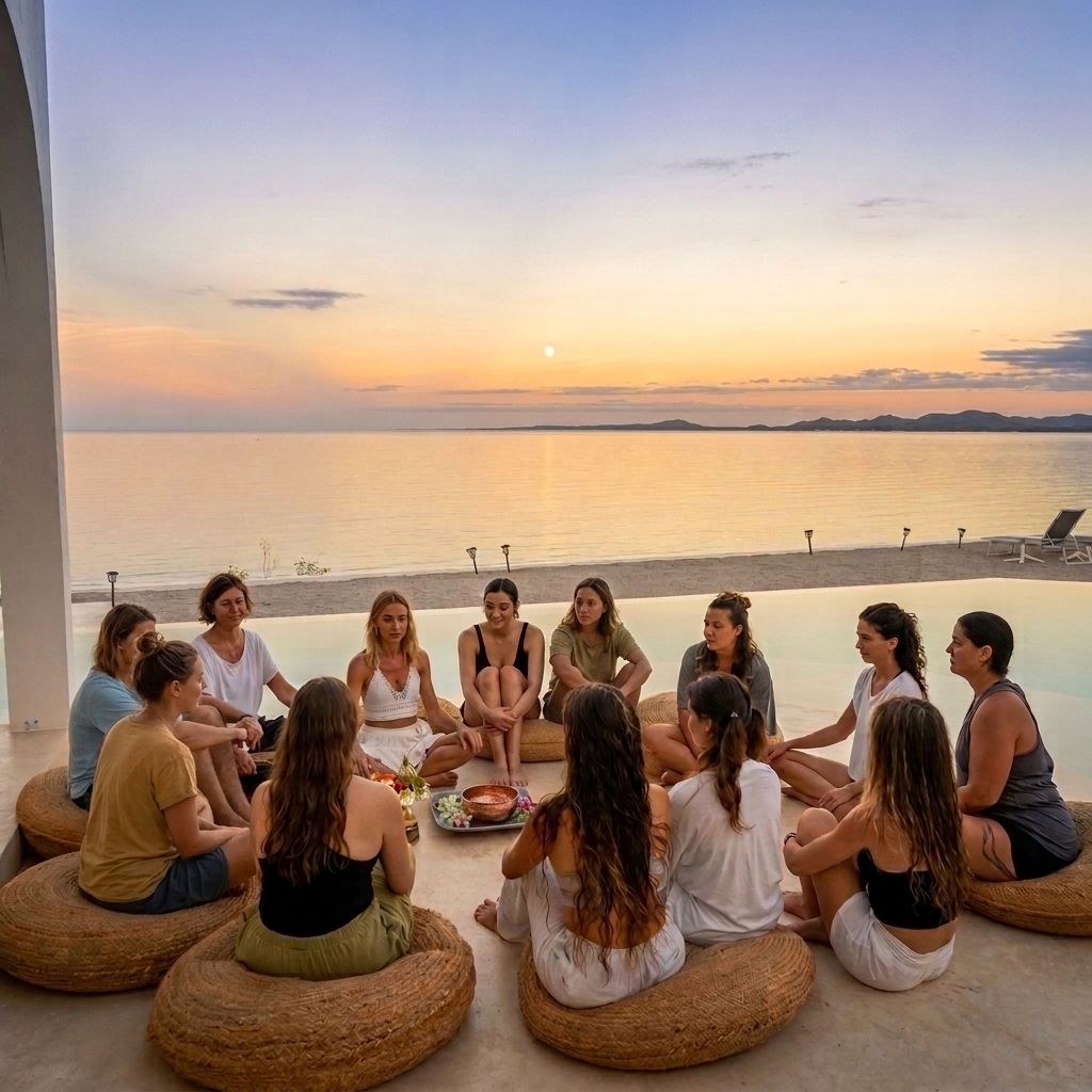 Grupo de mujeres compartiendo momentos de comunidad y conexión en el retiro